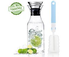 MUHOO Glaskaraffe 1 Liter Karaffe aus Glas Glaskrug Wasserkaraffe Wasserkrug Glaskanne mit Deckel Tropf Getränkekaraffe