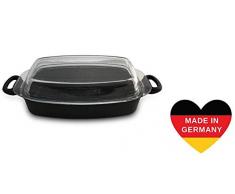 Lieblingspfanne - Fischkasserolle - Schmorkasserolle - Bräter eckig 33x22cm mit Glasschale Aluminium Guss Antihaft Beschichtung INDUKTION handgegossen in Deutschland!