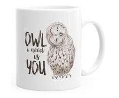 MoonWorks Kaffee-Tasse Eule Owl I Need is You Liebe Spruch Geschenk Valentinstag Weihnachten Ehe Partnerschaft weiß Unisize