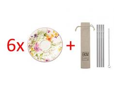 Villeroy & Boch Mariefleur Basic Frühstücksuntertasse 6 Stück Nr. 1041001250 und 4er Set EKM Living Edelstahl Strohhalme