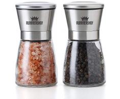 Rummershof Salz und Pfeffer Mühle Set - 2 Design Pfeffermühlen aus Edelstahl mit Keramikmahlwerk (Limitierte Edition) + EIN gepflanzter Baum