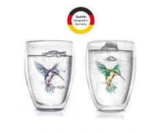 Creano doppelwandige Tee-Gläser, Cappuccino-Glas, Thermoglas Hummi im Kolibri Design, 2er Set, 250 ml in exklusiver Geschenkbox, blau/grün