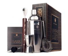 Rusty Barrel® Mayfair Cocktail-Shaker-Set – großer Manhattan Edelstahl-Shaker, Stößel aus Holz, Hawthorne Sieb, Barmaß, Ausgießer, Löffel & Cocktailrezeptbuch | In einer luxuriösen Geschenkbox