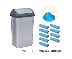 MultiProject Mülleimer mit Schwingdeckel 25 Liter Mülltonne Abfalleimer Graphit/Silber mit 90 Stück Müllbeutel mit Zugband Set… (Silber)