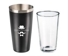 elasto Dein Eigener Cooler Personalisierter Cocktailshaker mit Gravur und Rührglas Edelstahl Boston Shaker mit Namen und Coolen Motiven Kälteschutz-Antirutschbeschichtung 700ml Schwarz (Mustache)