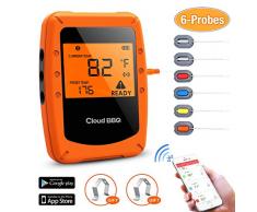 Movaty Digitales Grillthermometer Bluetooth, Funk Wireless BBQ Steak Thermometer mit 6 Sonden, Bratenthermometer, Fleischthermometer, Unterstützt IOS, Android für Küche, Grill, Backen