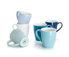 Sweese 601.003 Kaffeebecher Kaffeetassen 6er Set aus Porzellan, Tasse mit großem Henkel für Heißgetränke, Blaue Serie, 400 ml