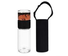 Navaris Teeflasche aus Glas mit Edelstahl Sieb - 240ml Tee Flasche Teekanne to go - Teebecher Trinkflasche Teebereiter aus Borosilikatglas mit Hülle