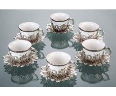 LaModaHome Silberfarbenes Kaffeeset 6-teilig mit einer Schüssel – inkl. 6 Tassen, 6 Untertassen und einer Zuckerdose – VIP Special Servier-Tulpe – Arabische, marokkanische Teesets – Espressotassen