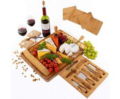 Extra großes Käsebrett aus Bambus, Käseplatte enthält Untersetzer - versteckter Schublade mit Korkenzieher, Flaschenverschluss, Käsemesser Set und Serviergabeln - Perfektes Geschenk - Von PlaNet
