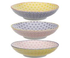 TOKYO design studio Star Wave 3-er Pasta-Teller-Set bunt, Ø 21 cm, ca. 5,3 cm hoch, asiatisches Porzellan, Japanisches Design mit geometrischen Mustern, auch als Suppen-Teller verwendbar