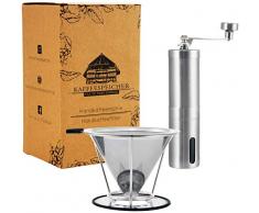 Kaffee- Set | Handkaffeemühle mit Keramikmahlwerk | Kaffeefilter Edelstahl | Manuelle Kaffeemühle | Stufenlose Mahlgradeinstellung | Mühle & Filter im Set | Edelstahl Handmühle