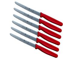 Schwertkrone Brötchenmesser Gemüsemesser Spülmaschinenfest/Frühstücksmesser/Tomatenmesser / 6er Set Messer rostfrei gezahnt Welle (rot)