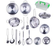 Seciie Kinder Kochgeschirr Set, 17er Set Kinderküche Geschirr Pretend Spielzeug mit Edelstahl Kochgeschirr Töpfe und Pfannen Set für Kinder ab 3