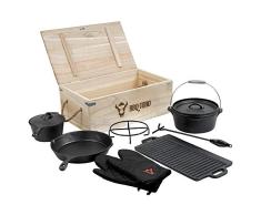 BBQ-Toro 8-teiliges Dutch Oven Set in Holzkiste, Gusseisen, bereits eingebrannt, Töpfe, Pfanne, Handschuhe und mehr