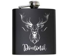 Hirsch Flachmann Schwarz mit persönlicher Namens Gravur Geschenk Männer Jäger Alkohol Individuell eigener Name