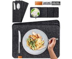 Miqio® Design Filz Tischset abwaschbar | Mit Marken Echtleder Label | 12er Set - 4 Platzsets abwaschbar, Glasuntersetzer, Bestecktaschen | dunkel grau anthrazit | Filzmatte Platzdeckchen abwischbar