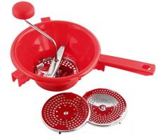 Fackelmann Passiergerät, Passiermühle aus Edelstahl/Kunststoff, Passiersieb inkl. 3 Einsätze (Farbe: Silber/Rot), Menge: 1 Stück