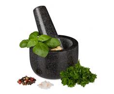 Relaxdays Granit Mörser mit Stößel, robust & langlebig, Gewürze, Kräuter, polierter Steinmörser, Ø 8,5 cm, V 100ml, grau