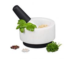 Relaxdays Mörser mit Stößel, Marmor, Silikon, langlebig, massiv, für Gewürze und Kräuter, Steinmörser D: 14 cm, weiß
