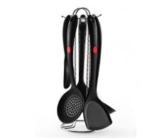 GL SUIT 5 Stück Silikon-Küchenzubehör Set für Kochen und Backen Nonstick Küchenhelfer-Set mit Spachtel, Nudel-Grab, Seiher, Reislöffel, Suppenlöffel, Etc,Black (with Stand)