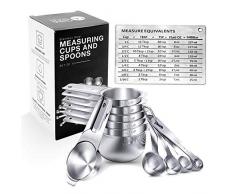 15 Stück Messlöffel, Messbecher Set - Premium Edelstahl - 6 Messbecher & 6 Messlöffel (Gravierten Markierungen) +2 D-Ringen, Magnet Umrechnungstabelle - Kochen Backen Küche, Weihnachtsgeschenk