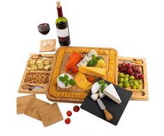 Käsebrett aus Bambus, Schieferplatten, Käseplatte enthält Untersetzer – 2 versteckter Schubladen mit 4 Käsemesser Set - Perfektes Geschenk - Von PlaNet