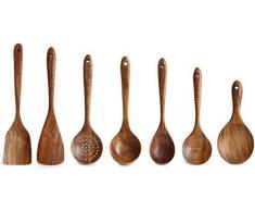 Loned Küchenhelfer Set, 7 Stück Holz Küchenutensilien Sets, Hitzebeständig und Antihaft, Japanischer Stil