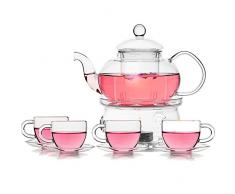 TAMUME Classic-Stil Blühende Glas Tee-Set Inklusive 1 * 600ml Teekanne und 1 Tee-Wärmer mit 4 Tassen und 4 Untertassen Glasgeschirr Teekanne und Tee-Set