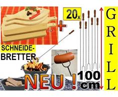 4 x Servierbretter Picknick Geschirr Grillbretter Picknick Geschirr natur + 20 x Grillspiesse, 100cm lang, Spiesse Gabel-Spieß + massive Schneidebretter Picknick Geschirr, 2xHolzbrett groß viereckig 42 x 22cm + 2xFisch 35 x 16cm,