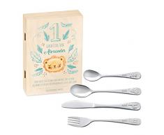 Murrano Kinderbesteck Set mit Gravur + Holzbox mit Aufdruck - mit Tieren - aus Edelstahl - Braun - Geschenk für Jungen zum Geburtstag zur Taufe Geburt - Löwe