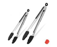 Relaxdays Grillzange, 2er Set, kurze & lange Küchenzange, Silikon, Edelstahl, Fleischzange Grill, 27 & 34 cm, schwarz