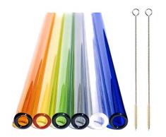 safe2bio 6 Stück Premium Strohhalme aus Glas, das Bunte Set beinhaltet 2 Reinigungsbürsten, Trinkhalme farbig 20 cm lang, Glasstrohalme AD 8 mm, Trinkhalm recyclebar, Cocktail, Smoothie, gerade
