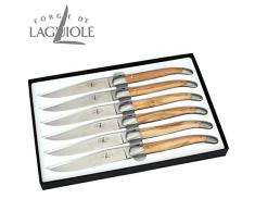 Forge de Laguiole - 6er Set Steakmesser - Griff Olivenholz - Edle Tafel-Messer - Stahl matt