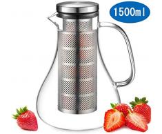 ecooe Glaskaraffe Fruit Infuser Glaskrug aus Borosilikatglas Wasserkrug mit Edelstahl Deckel und Sieb 1500ml Karaffe Glaskanne