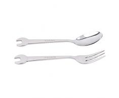 Kaned Schraubenschlüssel Gabel Löffel Edelstahl Langgriff Dessert Abendessen Moderne Essgabel,Zweiteiliger silberner Hardcover-Gabellöffel