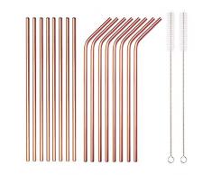 HOMQUEN 18-teilige Kupfer-Trinkhalme aus Edelstahl, Wiederverwendbare 8,5-Zoll-Trinkhalme aus Rotgold, mit Tragetasche (8 gerade / 8 Gebogene / 2 Bürsten)