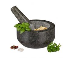 Relaxdays Granit Mörser mit Stößel, robust & langlebig, Gewürze, Kräuter, polierter Steinmörser, Ø 16 cm, 400 ml, grau