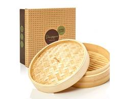 bambuswald© asiatischer Dampfgarer für Fisch Fleisch Gemüse Reis & Dim Sum - erhältich in Ø 20cm & Ø 25cm - plastikfreier Bambusdämpfer Dampfkorb Bambusdampftopf Dampfgarbehälter