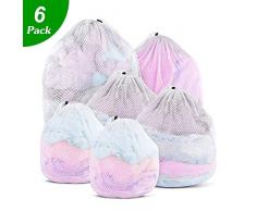Wäschenetz Waschmaschine, 6 Stück Wäschesack Kinderzimmer, Wäschebeutel Weiß mit Zugkordel Grobmaschig für Unterwäsche,Babywäsche,Bettwäsche,Gardinen,Hemden,Socken - Groß Mittel Klein