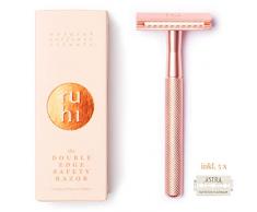 ruhi® Premium Designer Rasierhobel Damen rosé gold Messing nachhaltig mit 5 ASTRA Rasierklingen Zero Waste| plastikfreier Rasierer Damen |Safety Razor