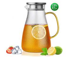 BENEFAST 2 Liter Glaskaraffe,Wasserkaraffe mit Griff Edelstahl Deckel Tropffreier,Kaltes Wasserkocher Anwendbar Hausgemachte Getränke Eistee Milch Kaffee Wein,karaffe können Direkt Beheizt Werden