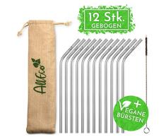 AllEco Strohhalm wiederverwendbar Edelstahl 12er Set + Reinigungsbürste + Eco-Beutel - Premium-Qualität, umweltfreundlich, nachhaltig, wiederverwendbar & plastikfrei (12 gebogen)