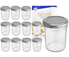 MamboCat 12er Set Sturzgläser 230 ml Hoch Deckelfarbe Silber to 66 inkl. Diamant Gelierzauber Rezeptheft, Marmeladengläser, Einmachgläser, Einweckgläser, Gläser