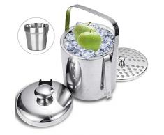 wolketon 1,3L Eiskübel, Edelstahl Eiseimer Eisbehälter Eiswürfelbehälter enthalten Kalte Getränketasse,Zangen, Deckel, Sieb, Edelstahlbecher und Tragegriff