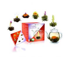 Creano Teeblumen Mix - Geschenkset ErblühTee mit Glaskanne 500ml Weißtee & Schwarztee mit 6 Teekugeln je 3x weißer & schwarzer Tee