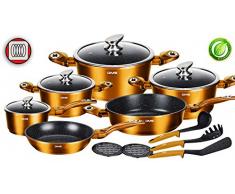 DMS® 15-teilig Induktion Kochgeschirr Kochset Töpfe Pfannen Set Bratpfanne Kasserolle Suppentopf mit Glasdeckel 3 Küchenutensilien 2 Topfuntersetzer Marbel Beschichtung Spülmaschinengeeignet (Kupfer)