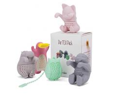 ParTea Set mit Tee-Ei für lose Blätter, Get The Hippo, Platypus, Eule, Kit-Tea und Otter in einer schönen Geschenkbox, mehrfarbig