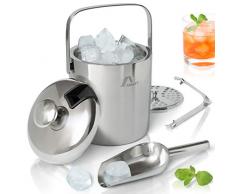 Amazy Edelstahl Eisbehälter mit Deckel inkl. Zange, Eisschaufel und Sieb – Doppelt isolierter Eiswürfelbehälter mit Tragegriff für optimal gekühlte Eiswürfel und Getränke (1,3 Liter)