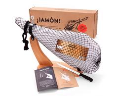Jamon-Box Nr. 2 - Serrano-Schinken 6,5kg im Geschenk-Set mit Zubehör - 12 Monate gereifter Hinterschinken aus Spanien inklusive Schinkenständer, Schinkenmesser & Schneide-Anleitung